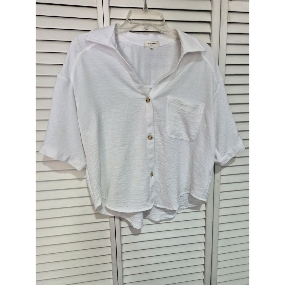 No Comment White Textured Short Sleeve Button Down Blouse Wome'n Large